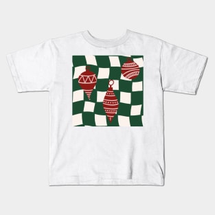 Abstract Checker Board with Christmas Tree Ornaments Cranberry Red and Forest Green Kids T-Shirt